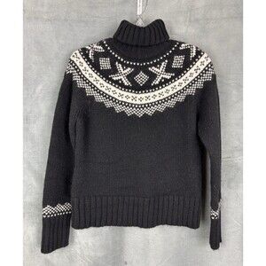 Vtg GAP Lambswool Sweater Women Large Black Fair Isle Turtleneck Chunky Knit Y2K